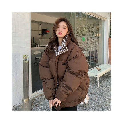 Women's Winter Puffer Jacket Zip Long Sleeve Warm Short Stand Collar Jacket