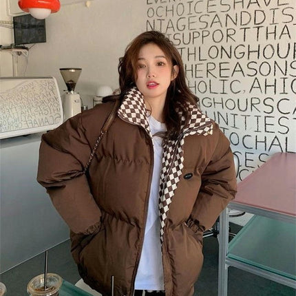 Women's Winter Puffer Jacket Zip Long Sleeve Warm Short Stand Collar Jacket