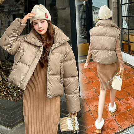 Women's Winter Puffer Jacket Cropped Zip Up Stand Collar Padded Down Coat