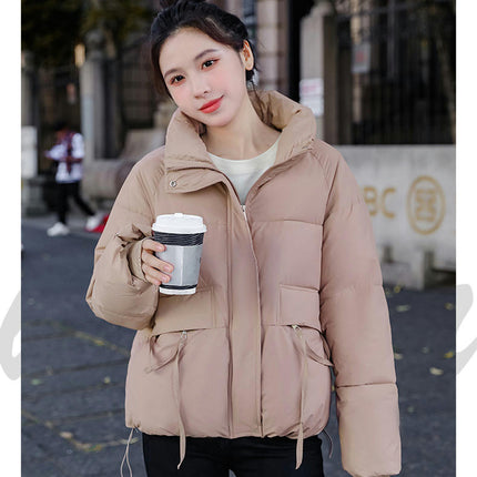 Women's Cropped Puffer Jacket Stand Collar Padded Down Coat Winter Zip Up Jackets