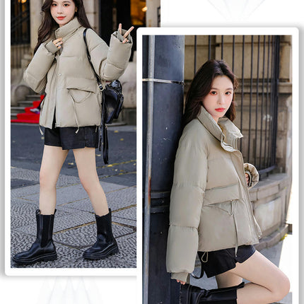 Women's Cropped Puffer Jacket Stand Collar Padded Down Coat Winter Zip Up Jackets