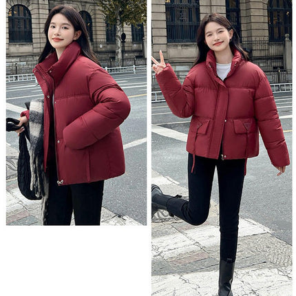 Women's Cropped Jacket Puffer Stand Collar Zip Up Warm Winter Coat