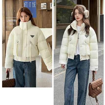 Womens Cropped Zip Up Puffer Jackets Warm Stand Collar Padded Winter Coats