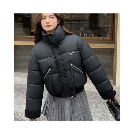 Womens Cropped Zip Up Puffer Jackets Warm Stand Collar Padded Winter Coats