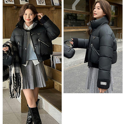 Womens Cropped Zip Up Puffer Jackets Warm Stand Collar Padded Winter Coats