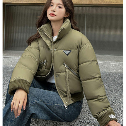 Womens Cropped Zip Up Puffer Jackets Warm Stand Collar Padded Winter Coats