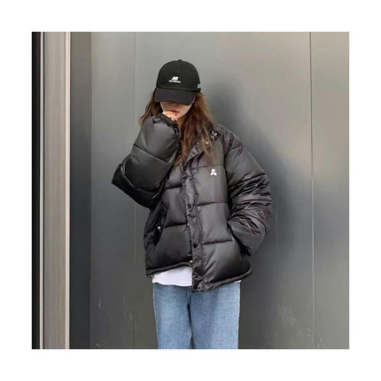 Women's Winter Long Sleeve Zip Puffer Jacket Stand Collar Baggy Short Down Coats