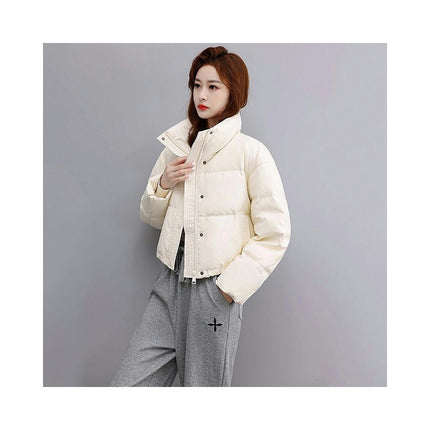 Women Cropped Puffer Jacket Winter Puffy Padded Stand Collar Long Sleeve Coat