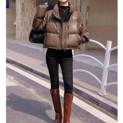 Women Cropped Puffer Jacket Winter Puffy Padded Stand Collar Long Sleeve Coat