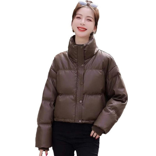 Women Cropped Puffer Jacket Winter Puffy Padded Stand Collar Long Sleeve Coat