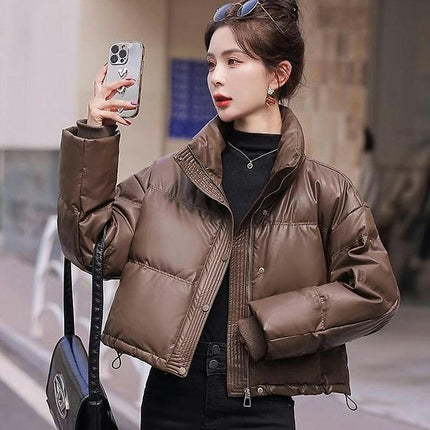 Women Cropped Puffer Jacket Winter Puffy Padded Stand Collar Long Sleeve Coat