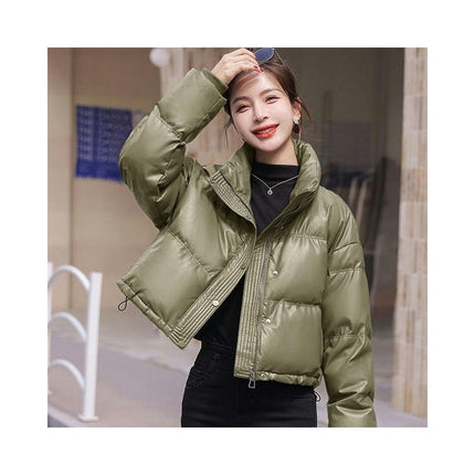 Women Cropped Puffer Jacket Winter Puffy Padded Stand Collar Long Sleeve Coat