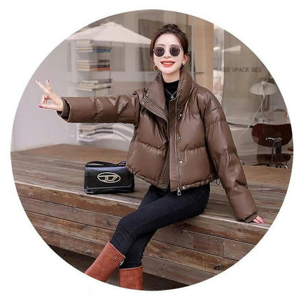 Women Cropped Puffer Jacket Winter Puffy Padded Stand Collar Long Sleeve Coat