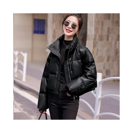 Women Cropped Puffer Jacket Winter Puffy Padded Stand Collar Long Sleeve Coat