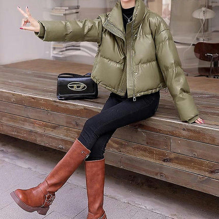 Women Cropped Puffer Jacket Winter Puffy Padded Stand Collar Long Sleeve Coat