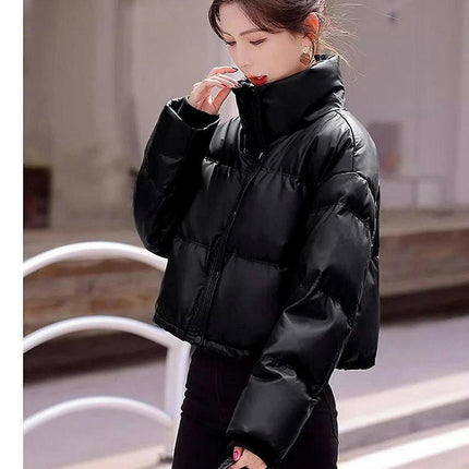 Women Cropped Puffer Jacket Winter Puffy Padded Stand Collar Long Sleeve Coat