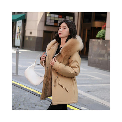 Women's Winter Coat Warm Fleece Line Short Parka Jacket with Faux Fur Hood