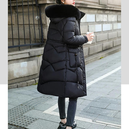 Womens Thicken Puffer Down Long Coat Winter Warm Jacket with Faux Fur Hood