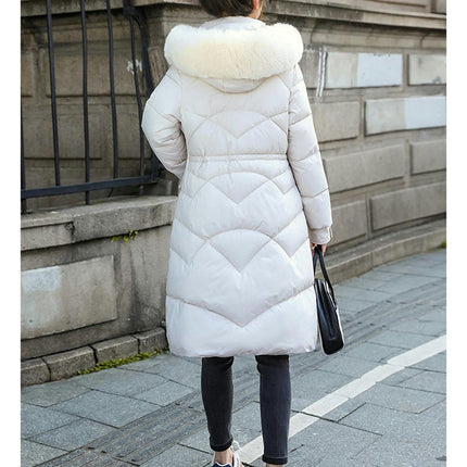 Womens Thicken Puffer Down Long Coat Winter Warm Jacket with Faux Fur Hood