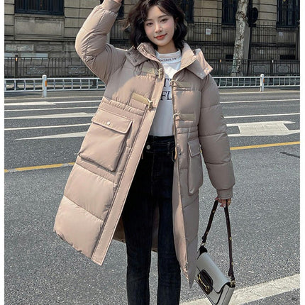 Women Long Puffer Coat Winter Hooded Zip Jacket Quilted Long Sleeve Outerwear