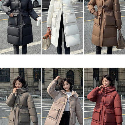 Women Long Puffer Coat Winter Hooded Zip Jacket Quilted Long Sleeve Outerwear