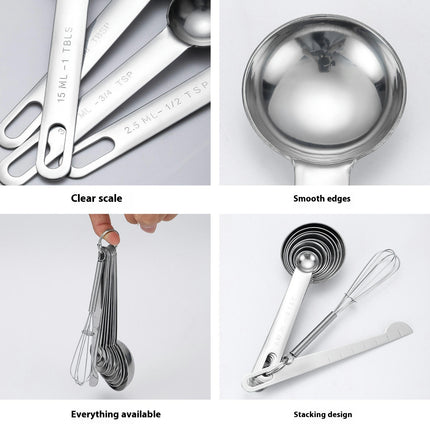 Stainless Steel Measuring Spoons Set Including Leveler and Whisk for Baking and Cooking & Baking Tool