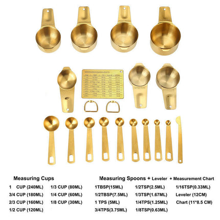 Stainless Steel Measuring Cups and Spoons Set With Conversion Chart & Leveler Kitchen Measuring Sets