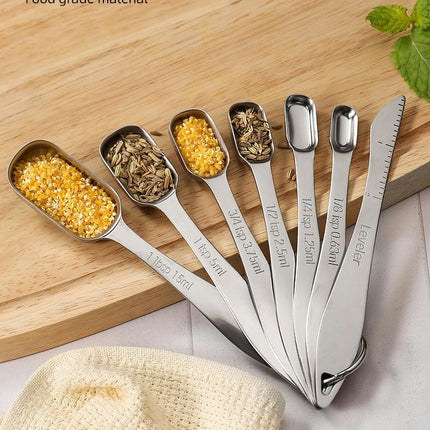 Heavy Duty Stainless Steel Metal Rectangular Measuring Spoons Set Including Leveler for Fits in Spice Jar Set