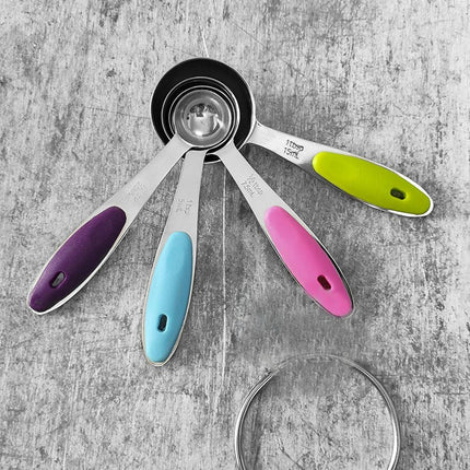 Nesting Stainless Steel Measuring Cups Sets with Soft Touch Silicone Handles and Accurate Tablespoon