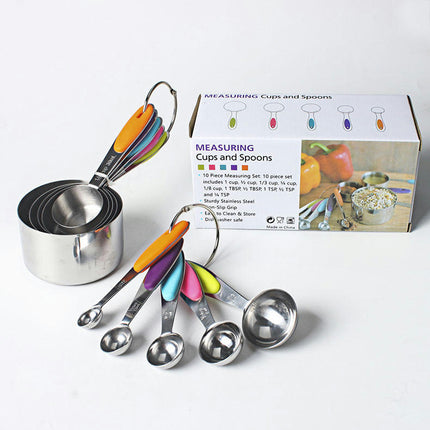 Measuring Cups and Spoons Set with Colored Silicone Handles - for Measuring Dry and Liquid Ingredients