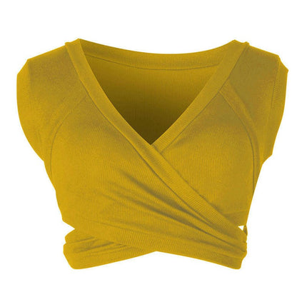 Women's Deep V Neck Sleeveless Criss Cross Tie Crop Tank Top