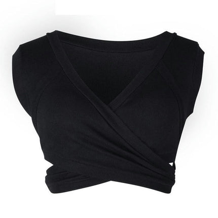 Women's Deep V Neck Sleeveless Criss Cross Tie Crop Tank Top