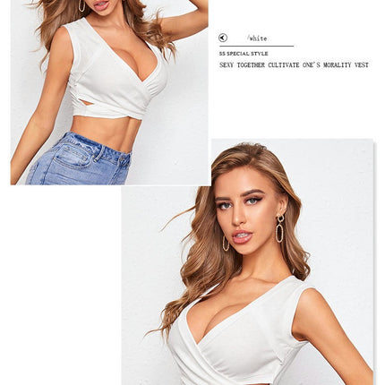 Women's Deep V Neck Sleeveless Criss Cross Tie Crop Tank Top