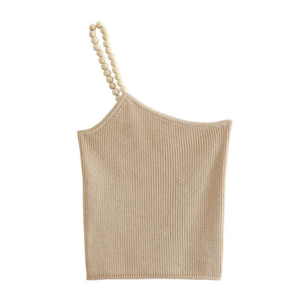 Women's Beaded One Shoulder Knit Tank Asymmetric Camisole Top