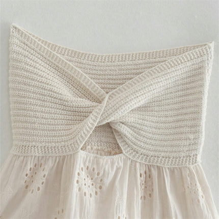 Women's Strapless Twist Front Ruffle Hem Knitted Bandeau Tube Crop Top