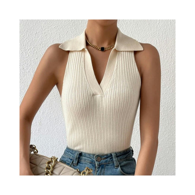 Women's Polo Crop Top Slim Ribbed V Neck Knit Sleeveless Tank Shirts