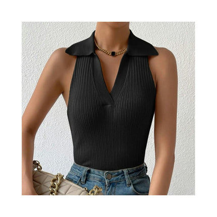 Women's Polo Crop Top Slim Ribbed V Neck Knit Sleeveless Tank Shirts