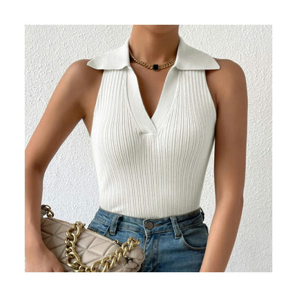 Women's Polo Crop Top Slim Ribbed V Neck Knit Sleeveless Tank Shirts