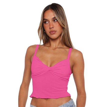 Women's Sleeveless Spaghetti Strap Tank Top V Neck Twist Front Crop Cami Tops