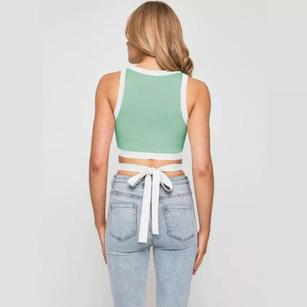 Women's Sexy Sleeveless Scoop Neck Ribbed Tie Crop Tank Tops