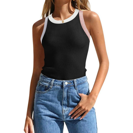 Women's Summer Tank Top Ribbed Knit Scoop Neck Sleeveless Color Block Slim Fitted Tops