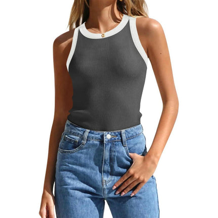 Women's Summer Tank Top Ribbed Knit Scoop Neck Sleeveless Color Block Slim Fitted Tops