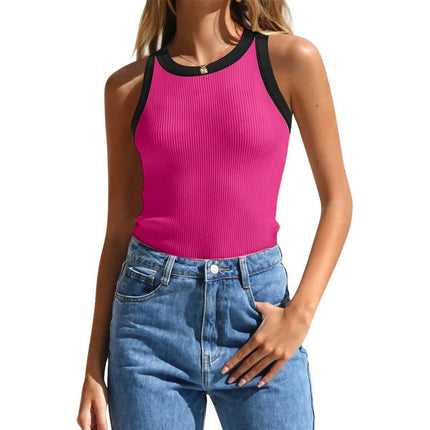 Women's Summer Tank Top Ribbed Knit Scoop Neck Sleeveless Color Block Slim Fitted Tops