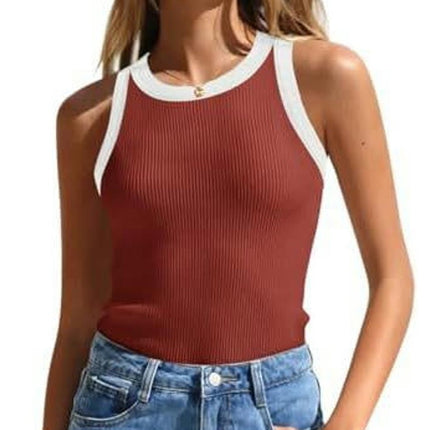 Women's Summer Tank Top Ribbed Knit Scoop Neck Sleeveless Color Block Slim Fitted Tops