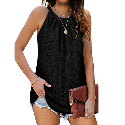 Tank Top for Women Sleeveless Halter Pleated Eyelet Summer Flowy Cami Tops