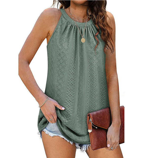 Tank Top for Women Sleeveless Halter Pleated Eyelet Summer Flowy Cami Tops