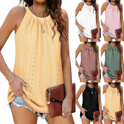 Tank Top for Women Sleeveless Halter Pleated Eyelet Summer Flowy Cami Tops