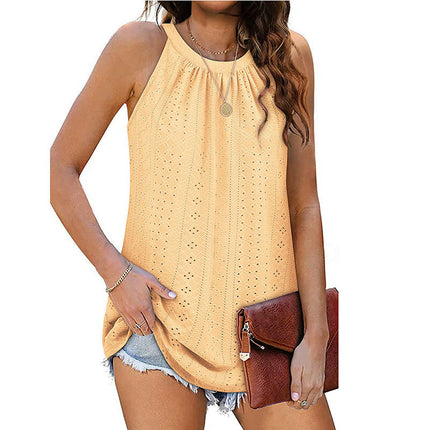 Tank Top for Women Sleeveless Halter Pleated Eyelet Summer Flowy Cami Tops