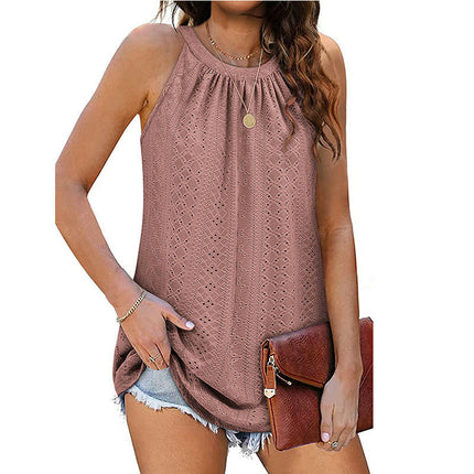 Tank Top for Women Sleeveless Halter Pleated Eyelet Summer Flowy Cami Tops