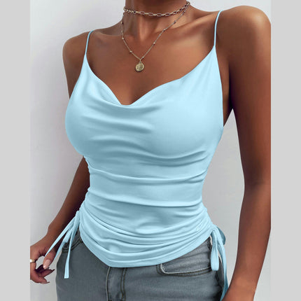 Women's Spaghetti Strap Tank Top V Neck Drawstring Camisole Tops